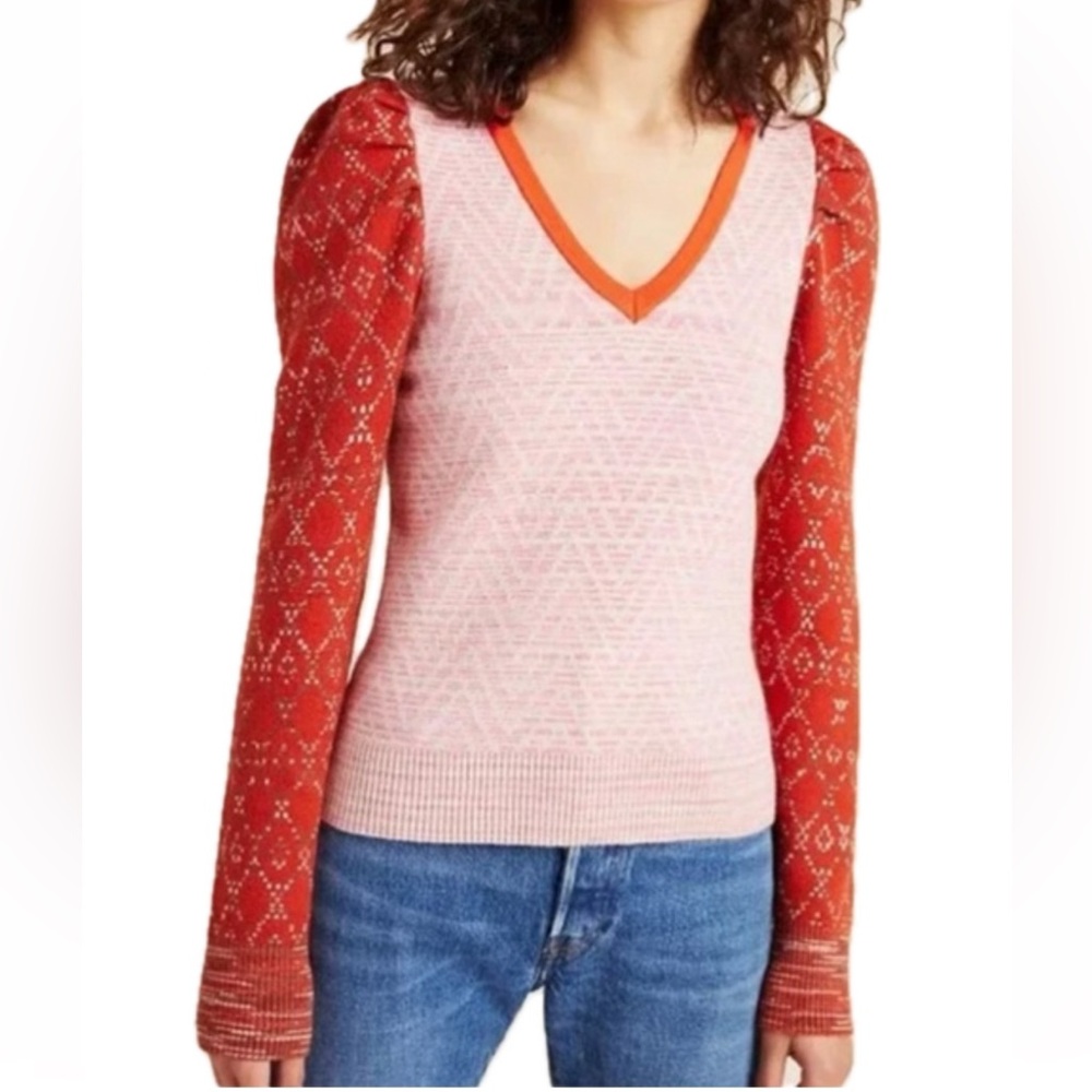 Anthropologie Cherie Puff-Sleeved Sweater Size Small
Pink Red